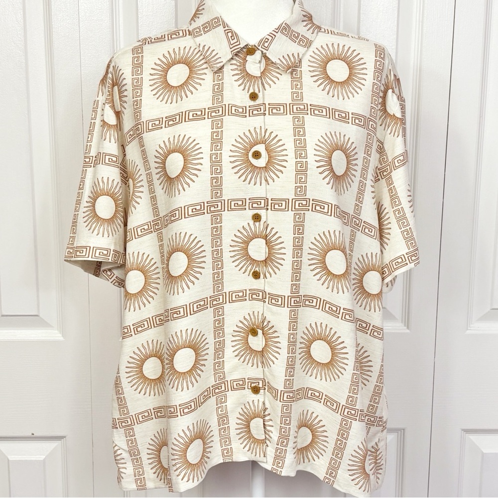 New Jane + Delancey Cream Sun Print Boho Boxy Linen Button Up Shirt XL